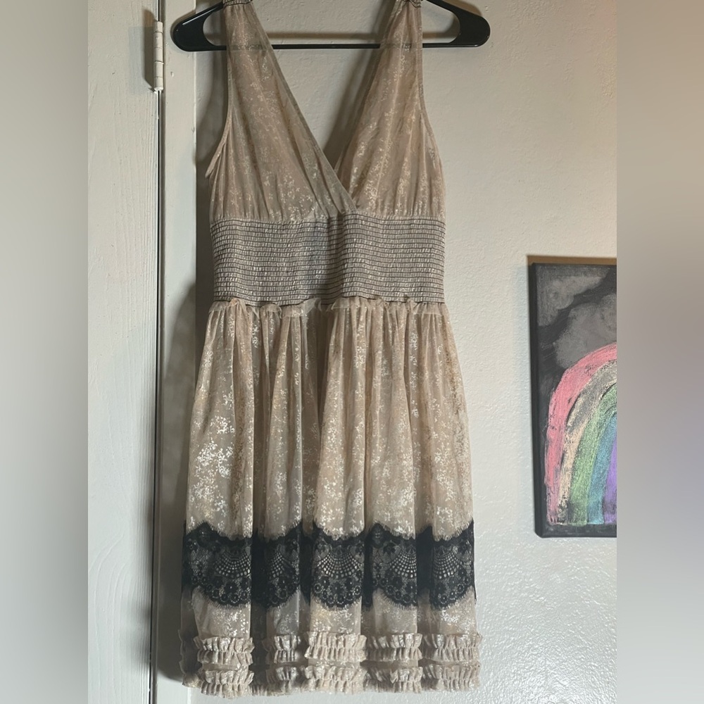 Free People Champagne and Black Lace Sheer Dress